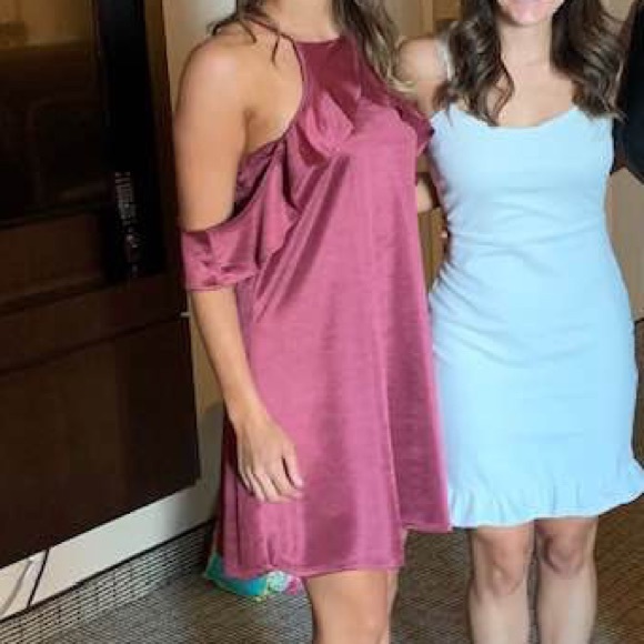 Express Satin Ruffle Trapeze Dress - S, Mauve/Pink - Picture 6 of 6